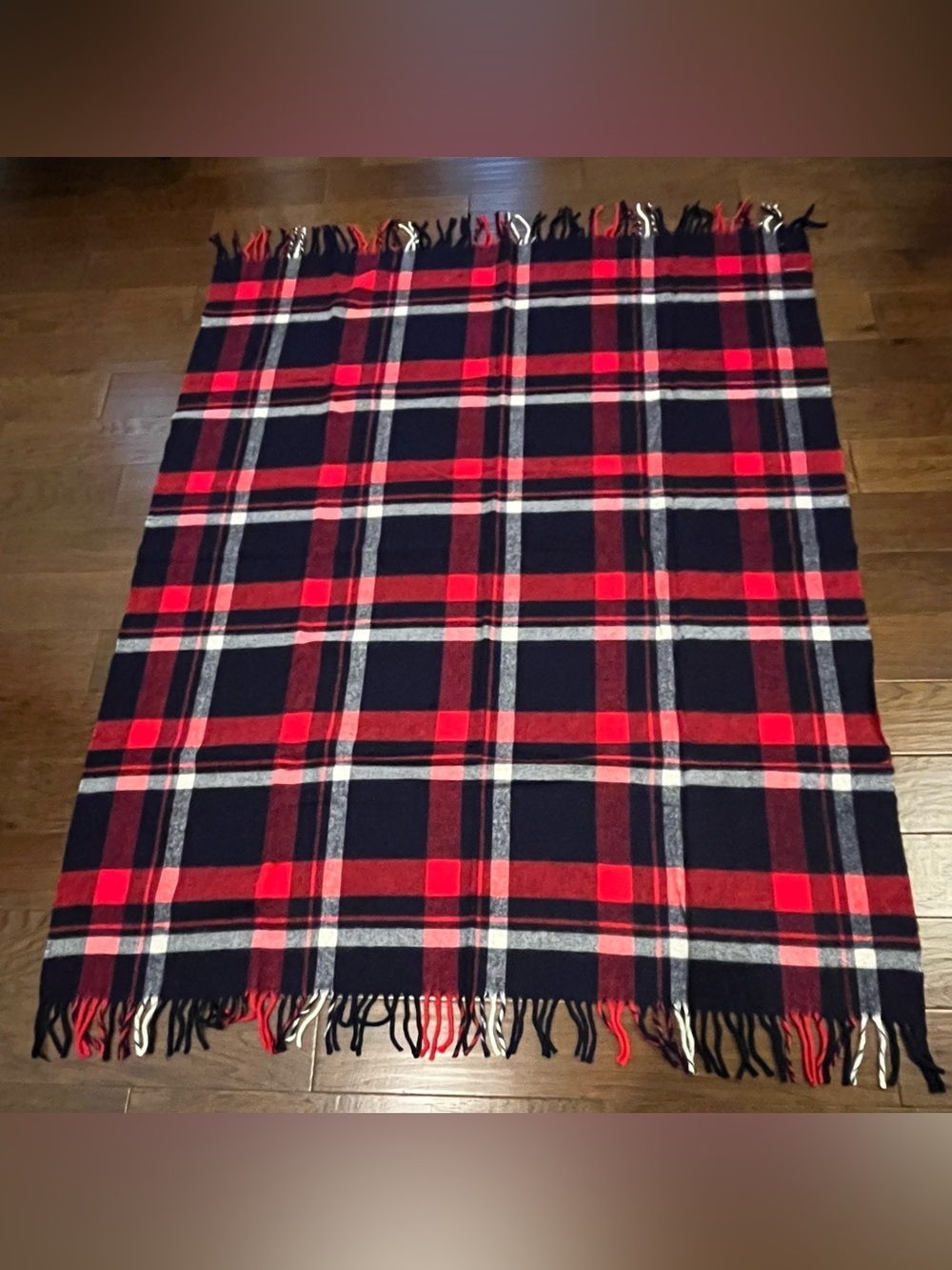 VINTAGE Sears Harmony House Red Plaid Wool Throw Blanket 70”X52” With Fringe